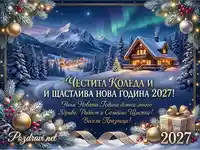Честита Коледа и Щастлива Нова Година 2027! Зимна картичка с къща, планини и полярно сияние.