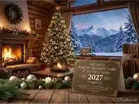 Коледна картичка 2027 с уютна камина, елха и снежен планински пейзаж.