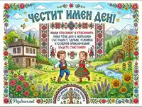 Честит имен ден картичка с български мотиви, деца в носии и пожелание за Красимир и Красимира.
