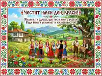 Честит имен ден картичка с българско хоро, народни носии, възрожденско село и планински пейзаж.