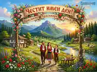 Честит имен ден Краси! Картичка с народни носии, семейство и планински пейзаж.