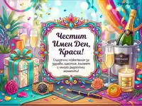 "Честит Имен Ден, Краси!" - Празнична картичка с шампанско, подаръци и пожелания.