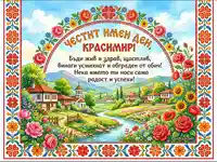 Честит имен ден Красимир – картичка с български пейзаж и пожелание.