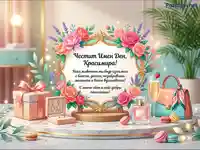 Честит Имен Ден Красимира: Празнична картичка с цветя, подаръци, шампанско и пожелания.