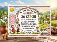 Картичка "Честит имен ден Краси" с български мотиви, деца в носии и пожелание.