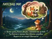Лисица копнее за приятел, спомняйки си щастливи моменти под звездното небе, с послание "Липсваш ми!".