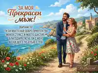 Поздравителна картичка за мъж с романтично послание и щастлива двойка на живописен морски фон.