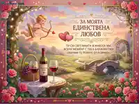 Романтична картичка: Купидон, вино и послание "За моята единствена любов" сред рози и идиличен пейзаж.