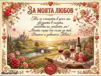 Романтична картичка "За моята любов" с идиличен пейзаж, вино, рози и Купидон.