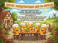 Честит Международен ден на бирата! Забавна картичка с бирени чаши и виц.