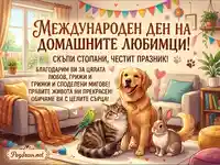Международен ден на домашните любимци: Поздравителна картичка с куче, котка, заек и папагал.