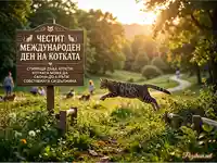 Честит Международен ден на котката: Грациозна котка скача в слънчев парк, отбелязвайки котешката ловкост.