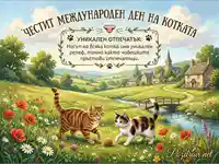 Честит Международен ден на котката: Игриви котки в идиличен селски пейзаж с уникален факт.