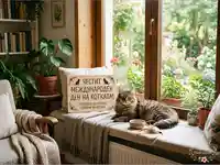 Честит Международен ден на котката! Уютна сцена с котка на прозореца и градина.