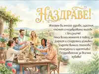 "Наздраве!" картичка с усмихнати хора, празнуващи с вино на открито сред лозя.