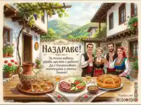 Празнична българска наздравица с хора в народни носии и традиционна трапеза на фона на живописен пейзаж.