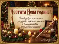 Честита Нова година 2025: Празнична картичка с шампанско, свещи и топли пожелания.