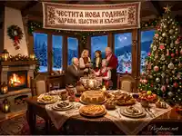 Празнична Нова година с български традиции: семейство, уют, богата трапеза и зимна магия.
