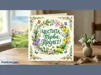 Илюстрована картичка "Честита Първа Пролет" с кокичета