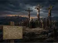 Разпети петък: Разпятието на Исус Христос на Голгота, с тълпа и Йерусалим.