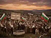 Патриотична сцена от Съединението на България на 6 септември 1885 г., с народ, знамена и оръдие.