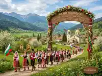 Празнично шествие в българско село за Спасовден, с народни носии и църква на фона на живописни планини.