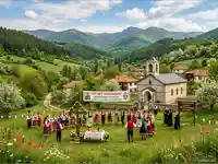 Празник Спасовден в българско село: хоро, носии и църква сред зелени планини.