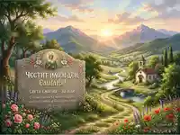 Честит имен ден Емилия! Картичка с икона на Света Емилия, църква и планински пейзаж на залез.