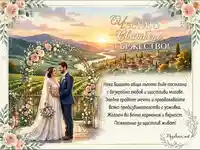 Сватбена картичка с красив пейзаж и пожелание за щастие