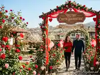 Влюбена двойка в розова градина под арка за Свети Валентин