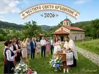 Честито свето кръщене 2026: Семеен обред на открито пред църква с гости и свещеник.