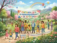 Празник на информираността за аутизма: Единство, приемане и радост в пролетен пейзаж с дъга и играещи деца.