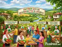 Празник на Световния ден на безопасността на храните в живописен български селски пазар с хора, свежи продукти и традиционни ястия.