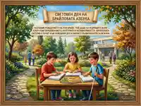 Световен ден на Брайловата азбука: Усмихнати деца четат, символ на образование и равни възможности за незрящи.