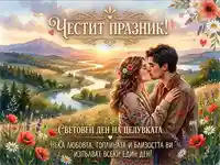 Честит Световен ден на целувката! Романтична картичка с целуваща се двойка сред цветя и залез, пожелание за любов.