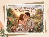 Поздравителна картичка за Световния ден на целувката с влюбена двойка в градина.