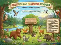 Световен ден на дивата природа (3 март): Цветна илюстрация с диви животни и съвети за опазване на природата за деца.