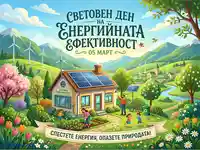 Енергийна ефективност и природа: Семейна идилия в еко дом със соларни панели и вятърни турбини.