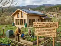 Енергийно ефективен дом със соларни панели и градина, празнуващ Световния ден на енергийната ефективност.