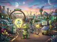 Футуристичен свят на енергийна ефективност с извънземни, празнуващи устойчивостта.