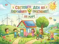 Празник на енергийната ефективност: Деца, зелен дом със соларни панели и вятърни турбини за устойчиво бъдеще.
