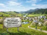 Световен ден на енергийната ефективност: Зелен пейзаж, соларни къщи, вятърни турбини и призив за опазване на природата.