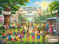 Световен ден на грамотността 2026: Хора четат и учат в парк с мобилна библиотека.