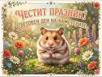 Честит Световен ден на хамстерите! Очарователен хамстер с цвете сред пролетни цветя.