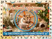 Честит Световен ден на хамстерите! Празнична картичка с очарователен хамстер в колело и празнична украса.