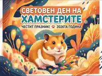 Световен ден на хамстерите 2026: Честит празник с пухкав хамстер и цветен фон.