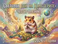 Световен ден на хамстерите 2026: Празнична картичка със сладък хамстер, цветя и магически пейзаж.