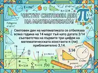 Плакат за Световния ден на математиката (14 март), изобразяващ Пи, формули, графики и геометрични фигури.