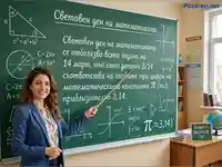 Учителка по математика обяснява Световния ден на Пи пред дъска с формули в класна стая.