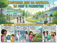 Световен ден на науката за мир и развитие: Илюстрация за знание, сътрудничество и устойчиво бъдеще.